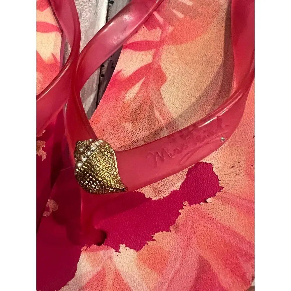 Miss Trish Tropical Pink Shell Rhinestone Flip Flops Y2K Resort Sandals 7